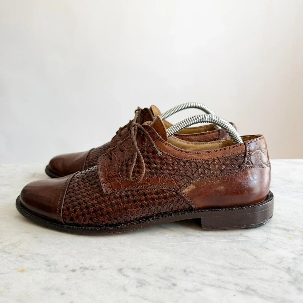 Johnston & Murphy vtg Brown‎ Woven Leather Oxford Shoes, Mens US 9.5M